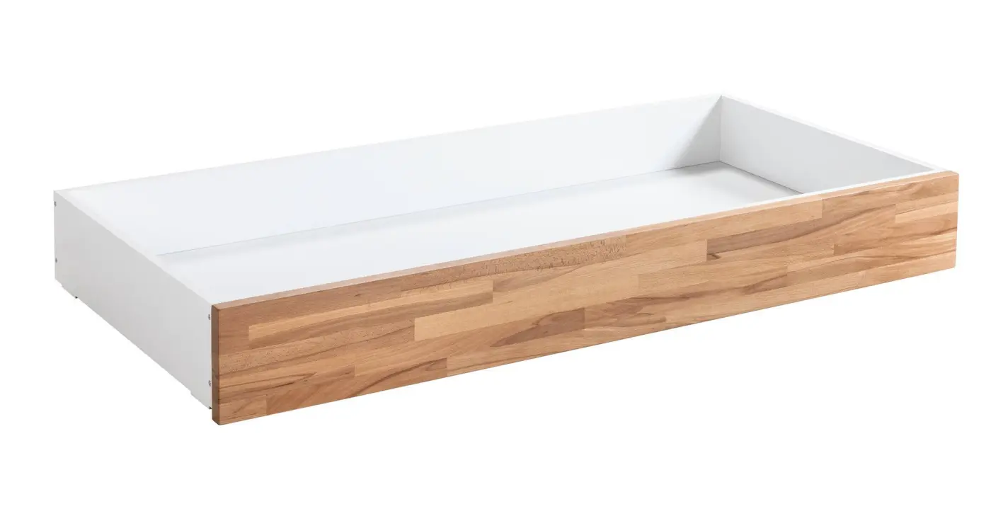 Hasena Bettschublade/Bettkasten rollbar ROLL-BOX - 137 cm Fuss: 20 - Schublade: Weiss / Front: Kernbuche natur, geölt